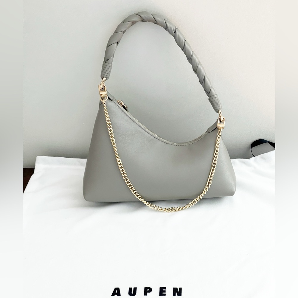 Aupen Leather Gray Shoulder Bag Braided Strap